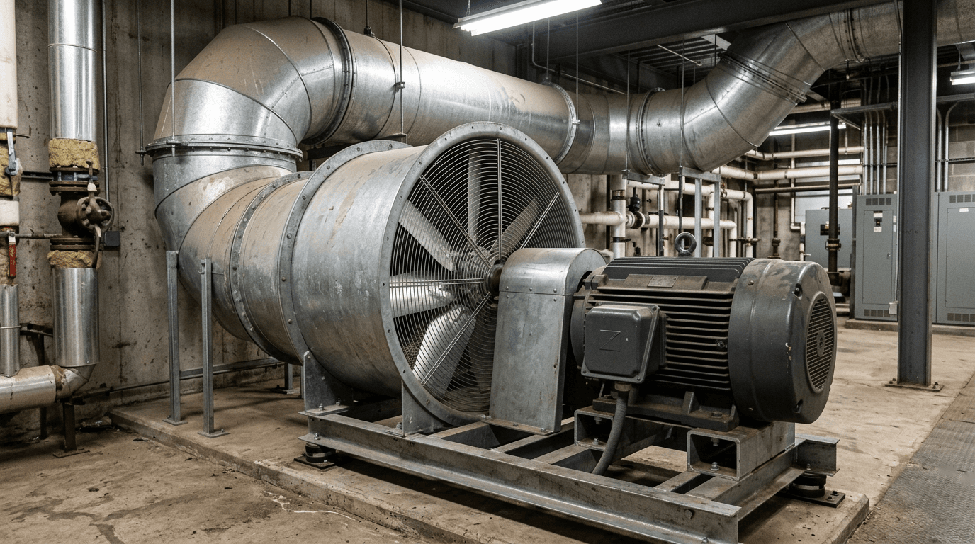 Large industrial fan and motor assembly with ductwork in a mechanical space