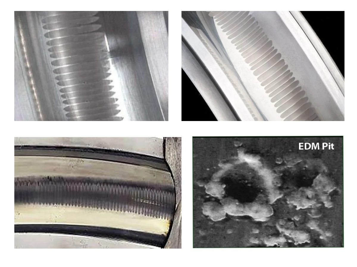 Electric motor bearing inspection context illustrating raceway damage patterns associated with bearing fluting