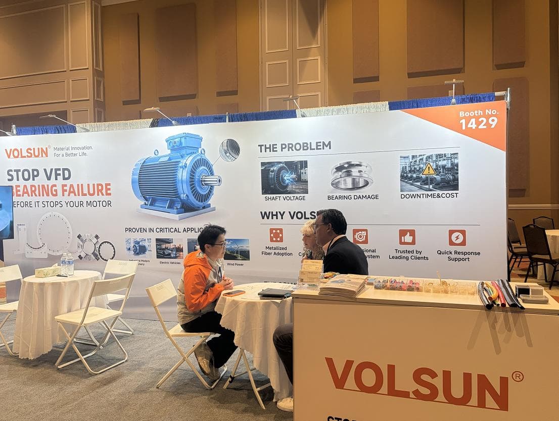 Volsun team discussing shaft grounding applications with an EASA 2026 visitor