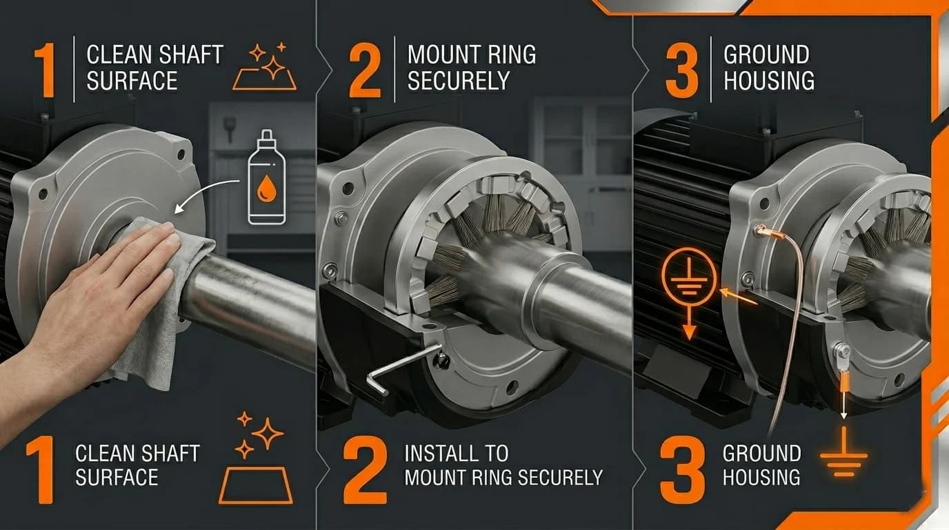 Three-step shaft grounding ring installation: clean shaft surface, mount ring with even fiber contact, and ground the housing