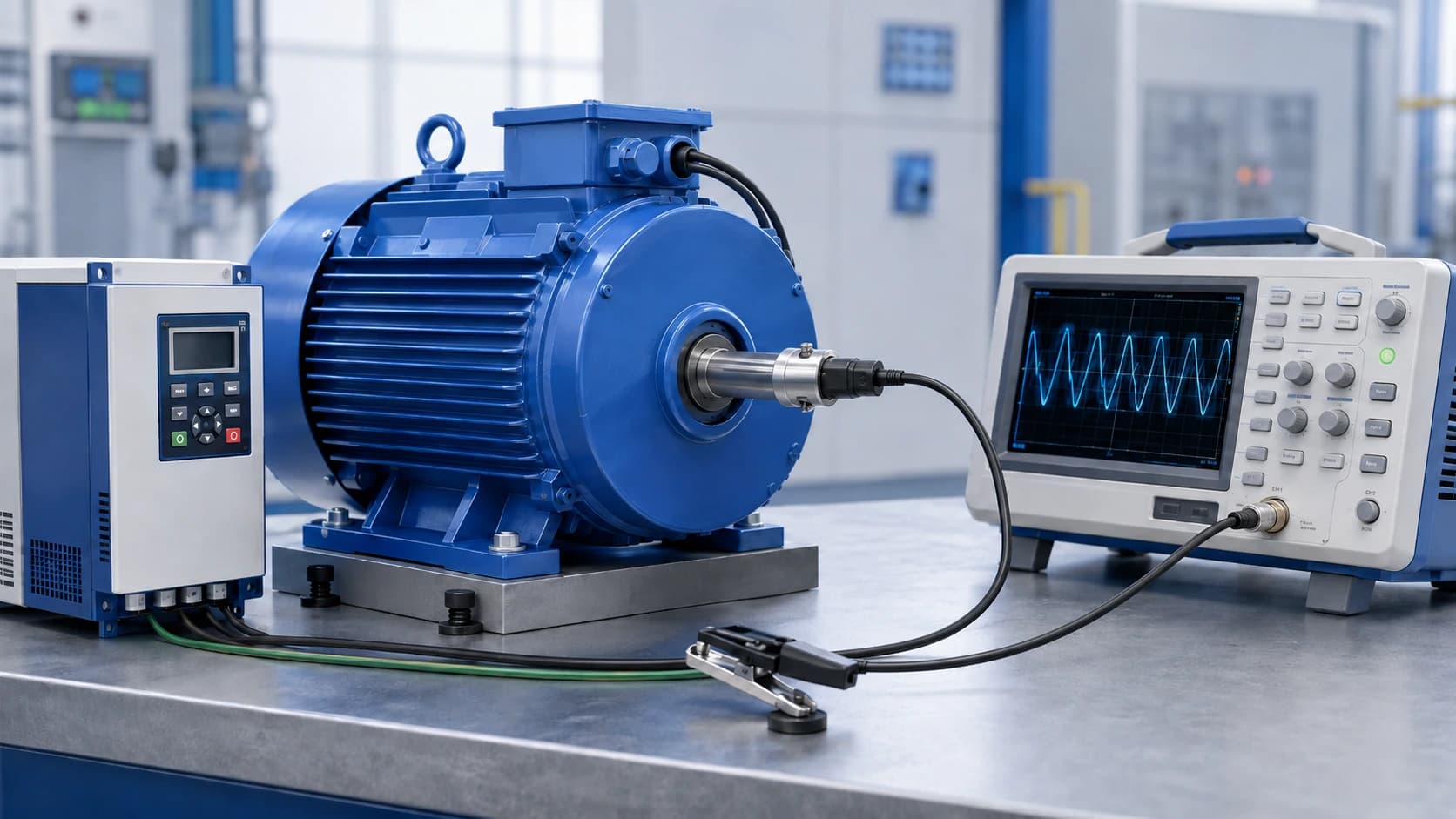 Engineer measuring shaft voltage on a VFD motor with a probe and oscilloscope