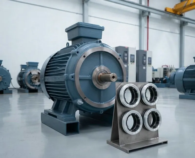 Industrial motor with solid shaft grounding rings on a display stand in a production environment